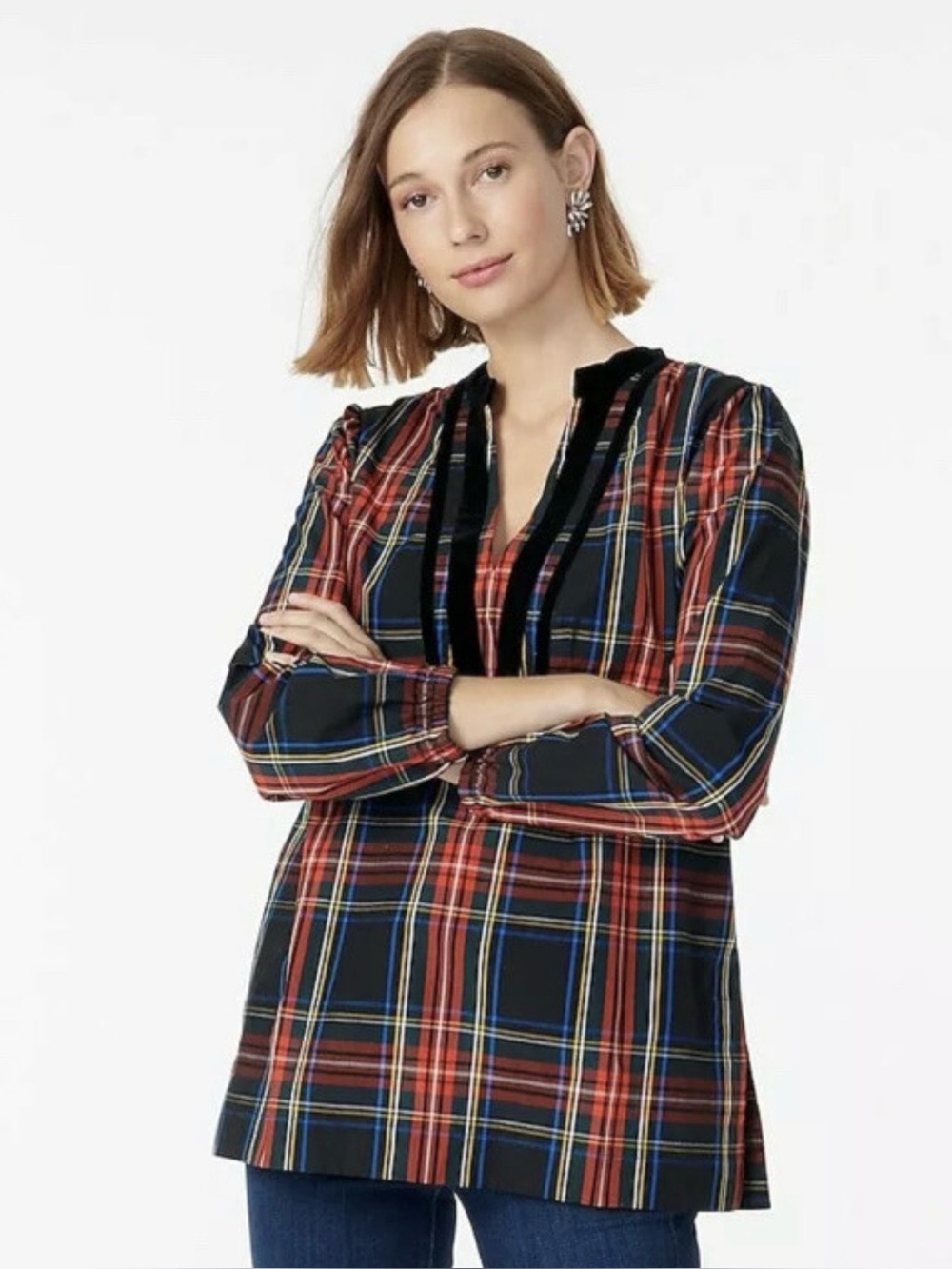 J. Crew Red Tartan Plaid Velvet-Trim Blouse Tunic Split Collar Hoiday Large
